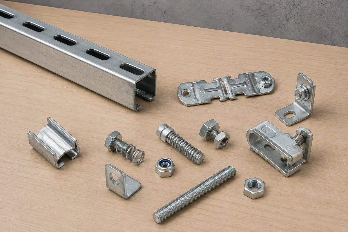 Accessoires électriques et plomberie : fixations, vis, écrous et profilés métalliques.