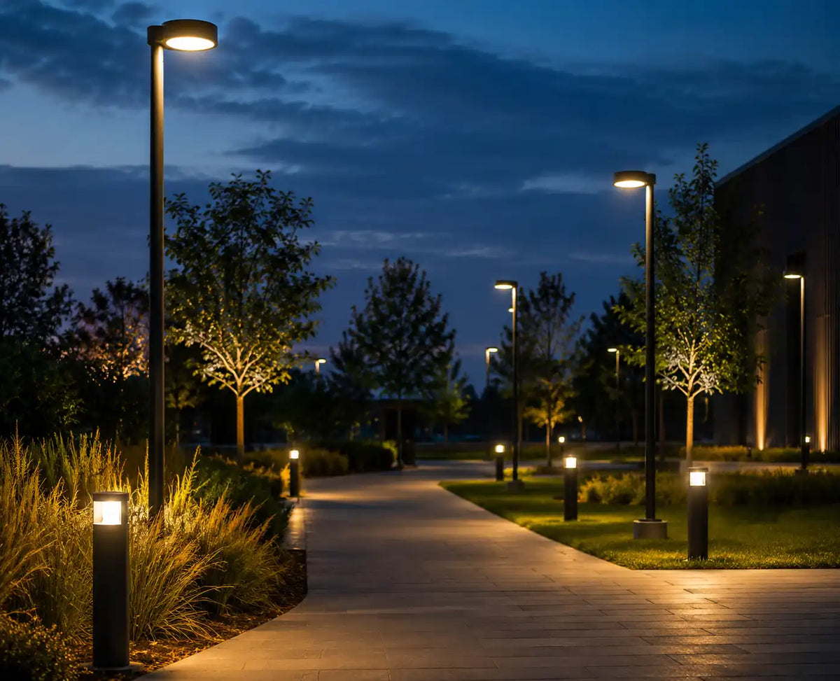 Allumage extérieur urbain nocturne avec lampadaires et éclairage paysager.