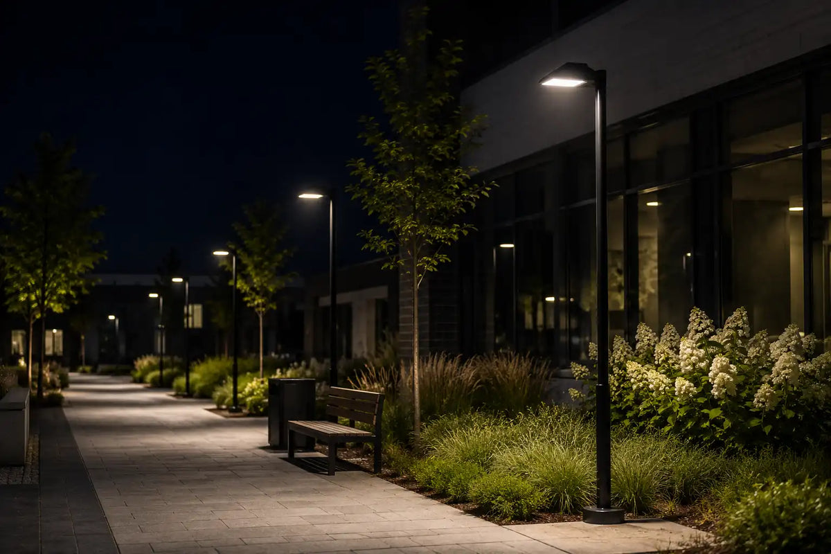 Allumage urbain nocturne avec banc, arbres et fleurs le long d'un chemin pavé.