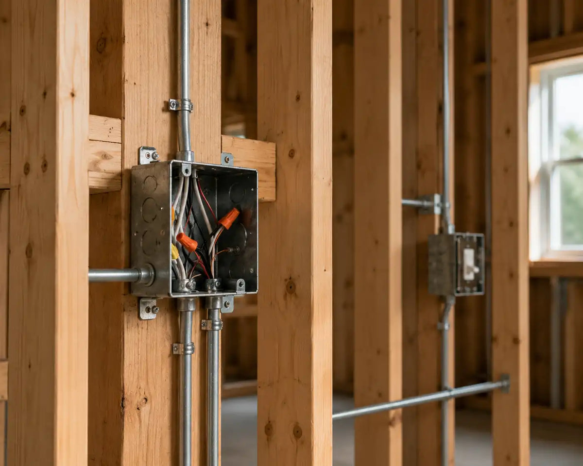 Boîte électrique en cours d'installation dans un cadre de construction bois