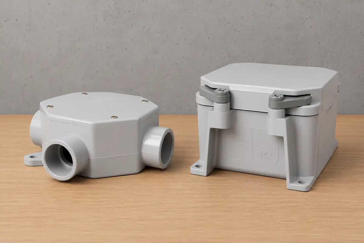 Deux boîtes de raccordement en plastique gris, l'une avec plusieurs entrées, l'autre fermée avec numéro gravé.