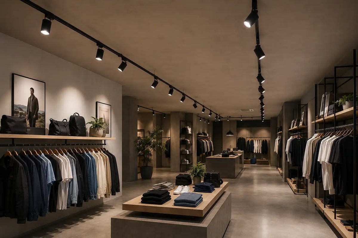 Modern store interior with shelves, clothing and equipment.