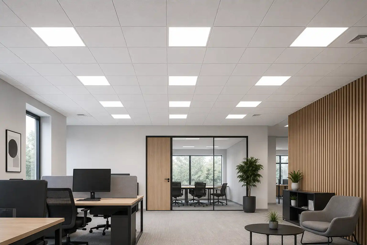 Bureau moderne avec éclairage au plafond et meubles contemporains