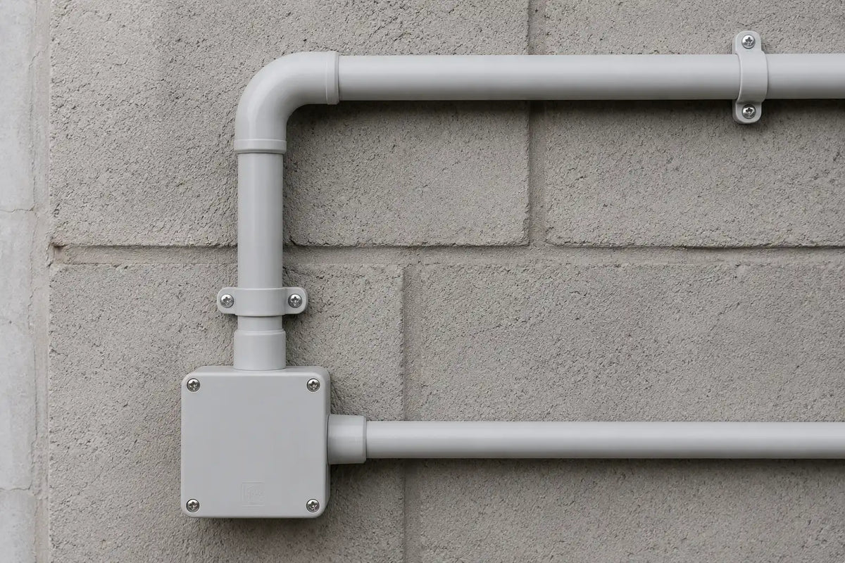Canalisation électrique grise fixée sur un mur en béton avec boîte de jonction