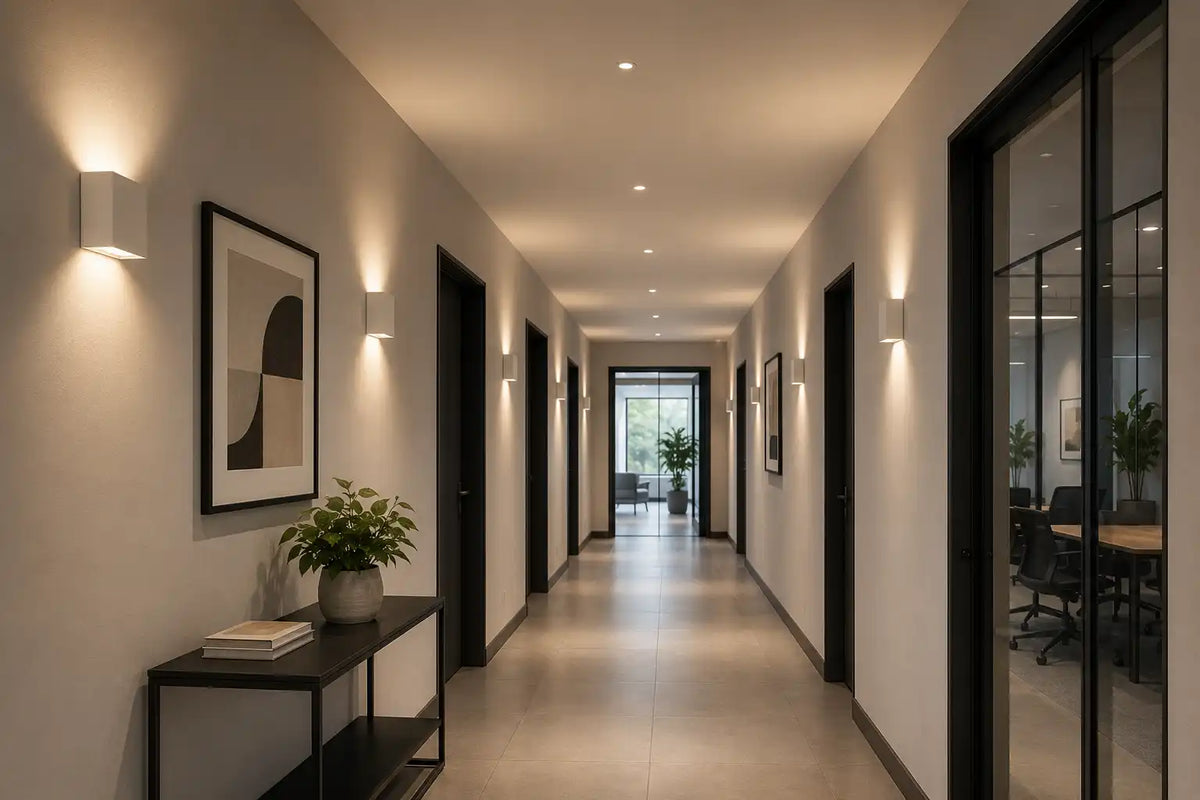 Couloir lumineux moderne avec éclairage mural, plantes et tableaux décoratifs.
