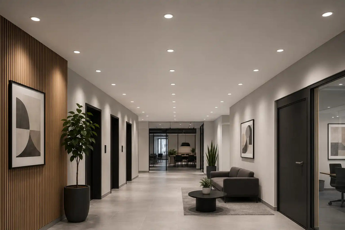 Couloir moderne avec canapé, plantes et portes dans un bureau professionnel