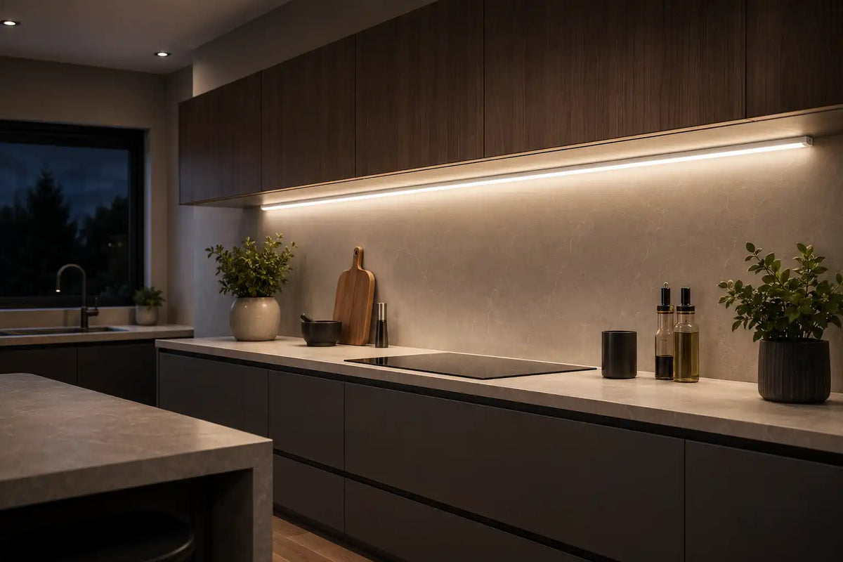 Cuisine contemporaine avec éclairage LED sous les croisillons, robinet moderne et plantes vertes.