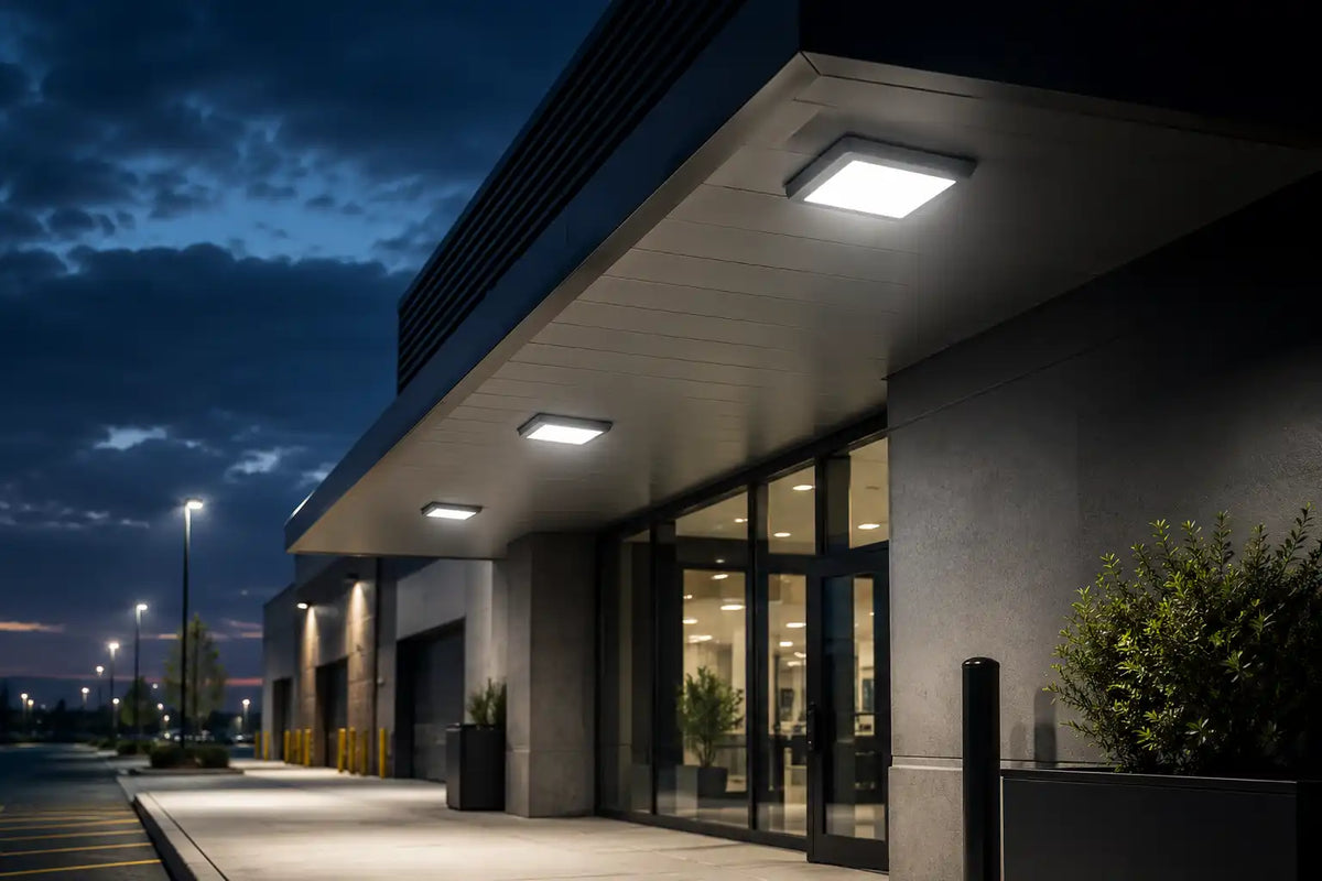 Éclairage extérieur moderne sur un bâtiment industriel la nuit