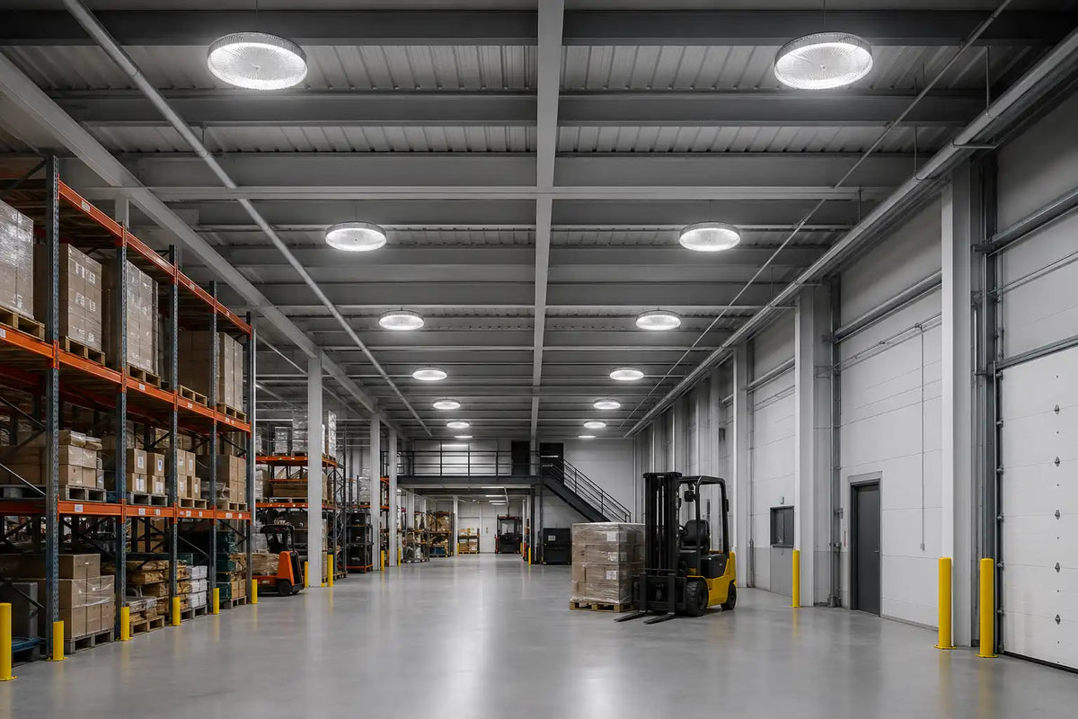 Entrepôt moderne avec étagères, chariots élévateurs et produits en stock
