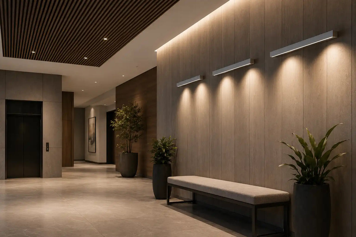 Hallway moderne avec éclairage mural et plantes en pots