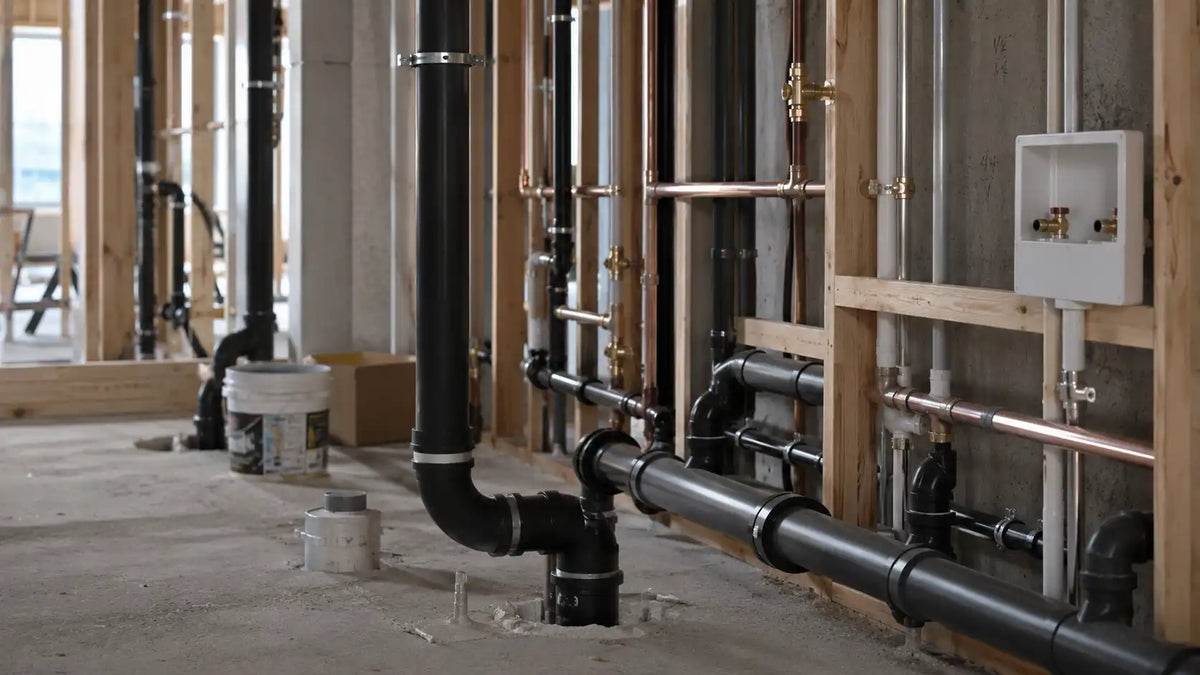 Installation de conduits et tuyaux en cours dans un chantier de construction.