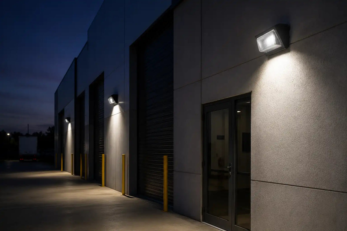 Éclairage extérieur LED sur un bâtiment commercial moderne en soirée