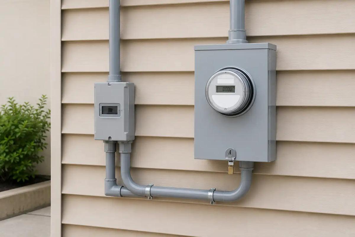 Compteur d'électricité et boîte de distribution fixés sur un mur extérieur.