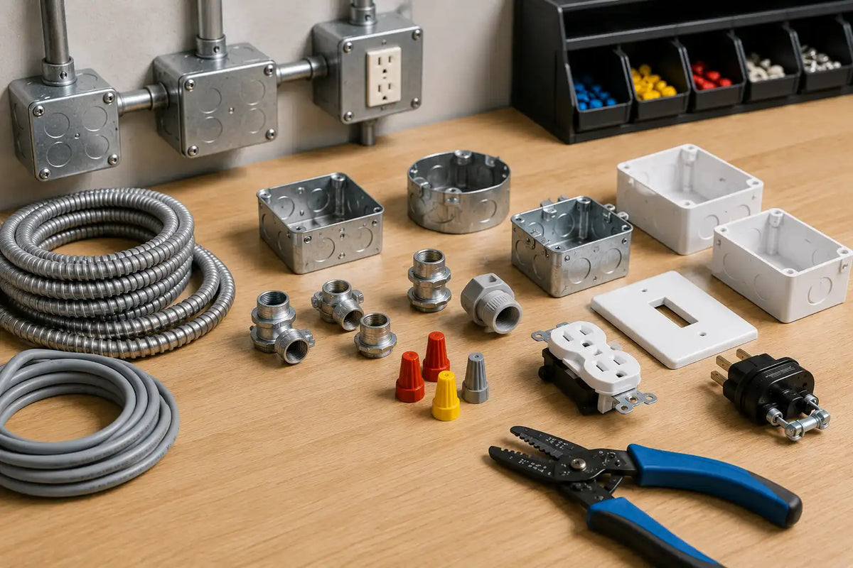 Kit de matériel électrique et plomberie sur un bureau en bois