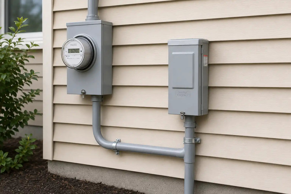 Compteur d'électricité numérique fixé sur un mur en bardage avec boîtier de service