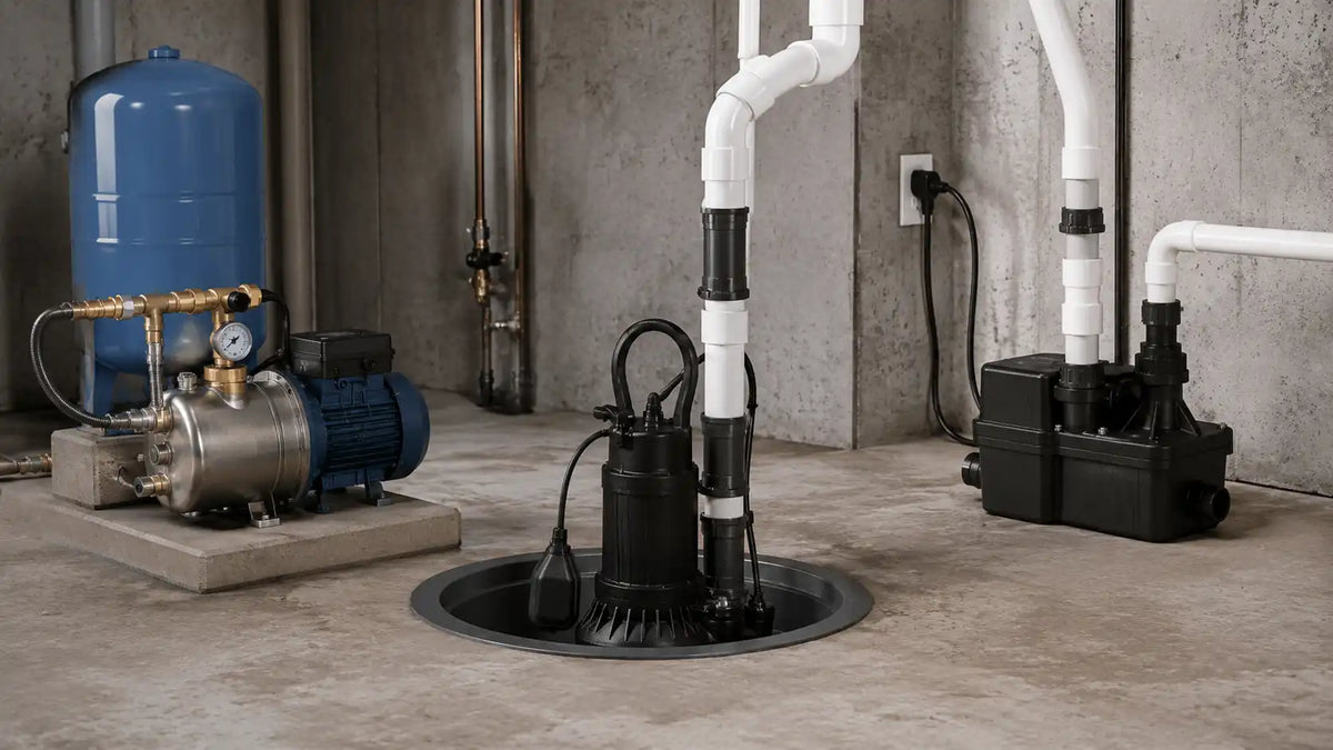 Pompes de drainage dans un sous-sol avec tuyauteries et réservoirs