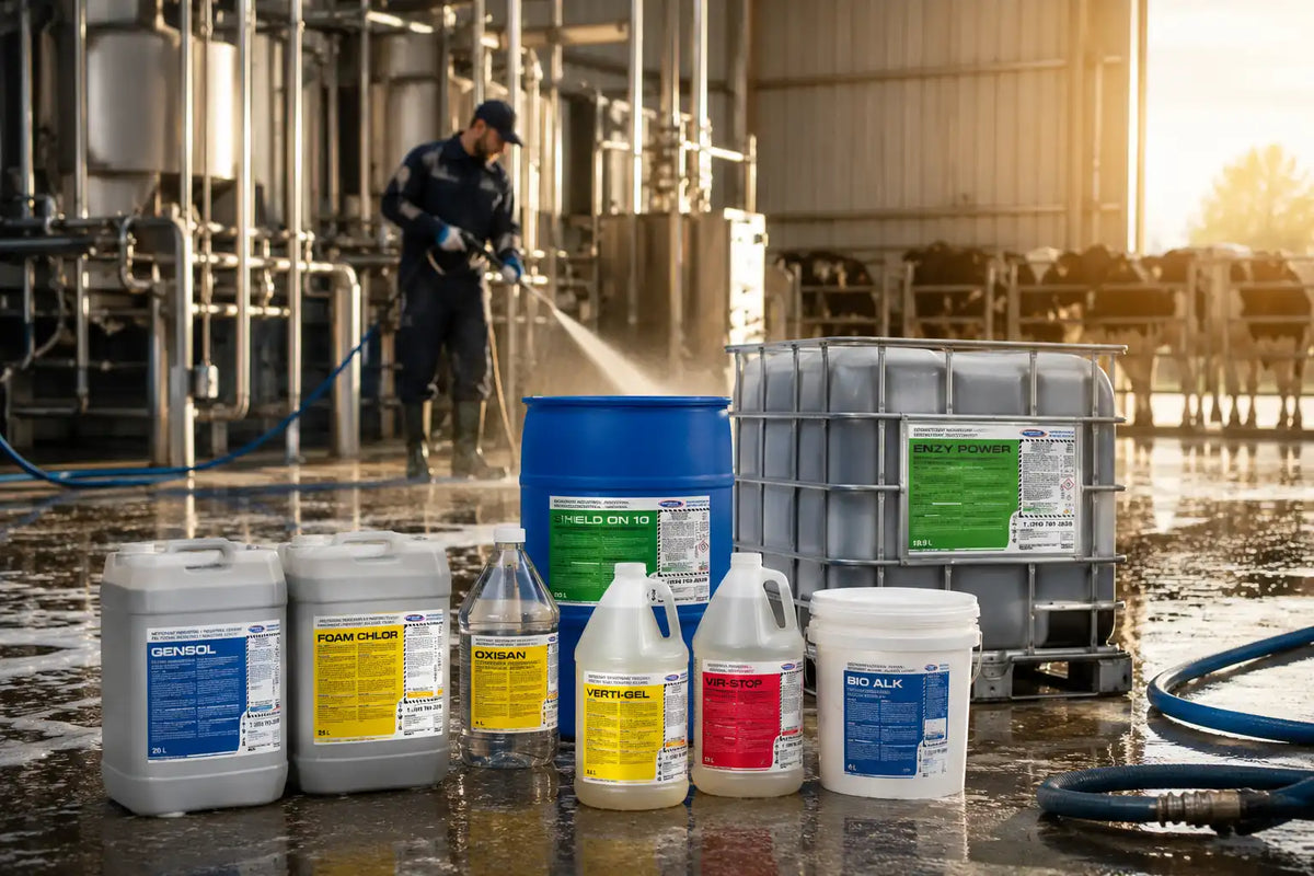 Différents produits de nettoyage industriel présentés dans un environnement agricole moderne.
