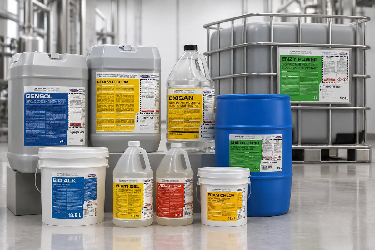 Différents produits nettoyants industriels en contenants variés