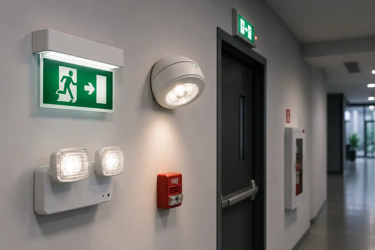 Signalisation de sécurité incendie dans un couloir avec panneau, détecteur et sirène.
