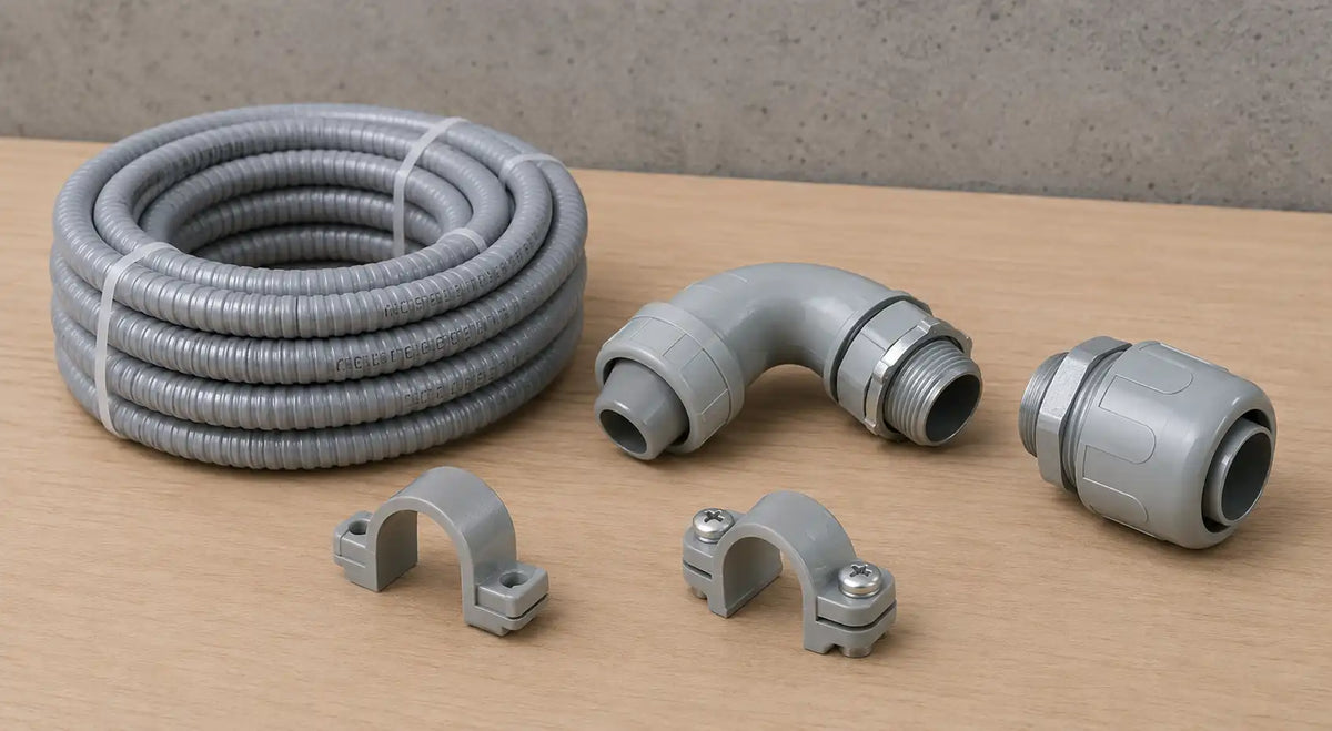 Tuyau flexible gris avec accessoires de raccordement en plastique