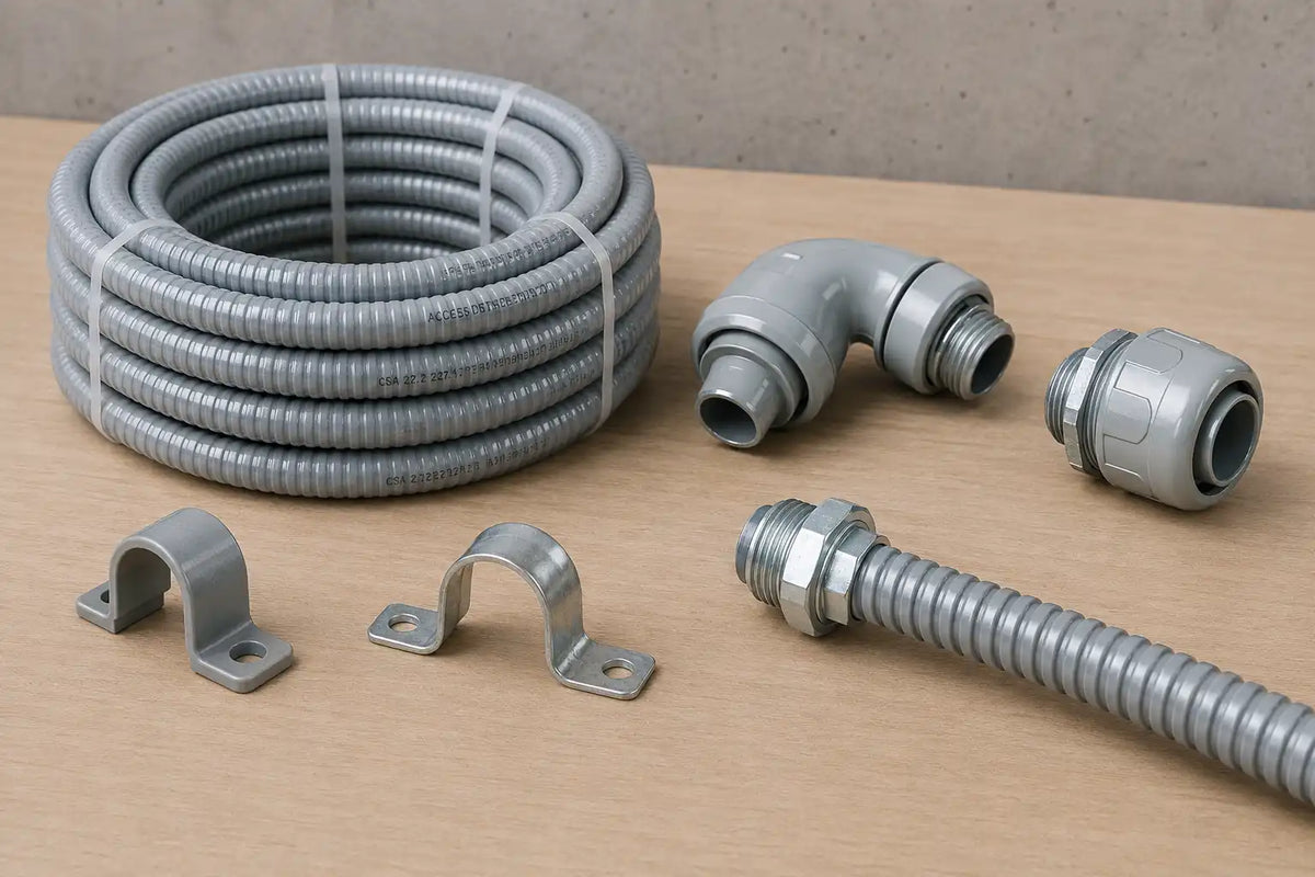 Tuyau flexible gris avec connecteurs et supports de fixation pour installation électriques ou plomberies.