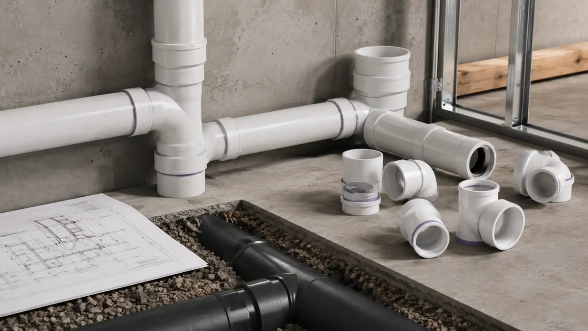 Tuyaux blancs et noirs en plomberie installés dans un sous-sol avec plans techniques.