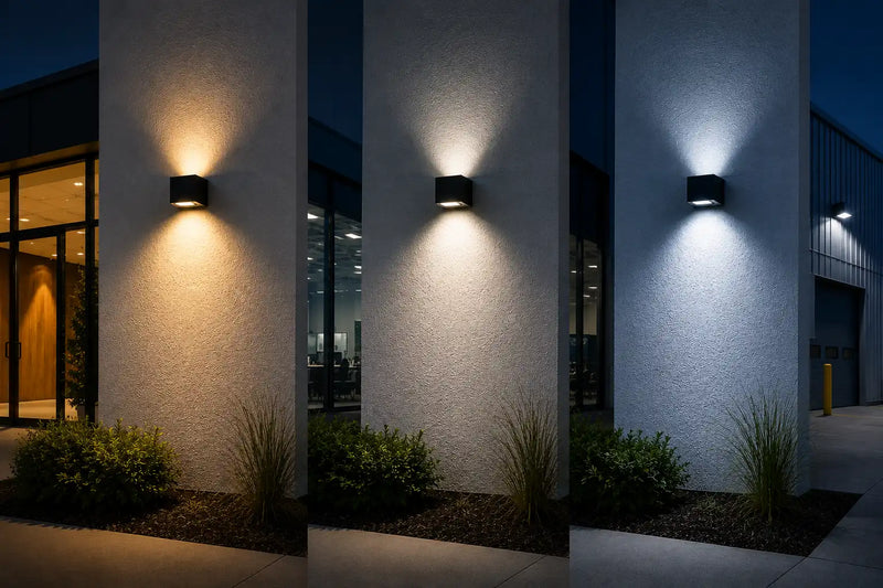 Applique murale extérieure LED en trois températures de couleur : blanc chaud, neutre et froid sur façade moderne