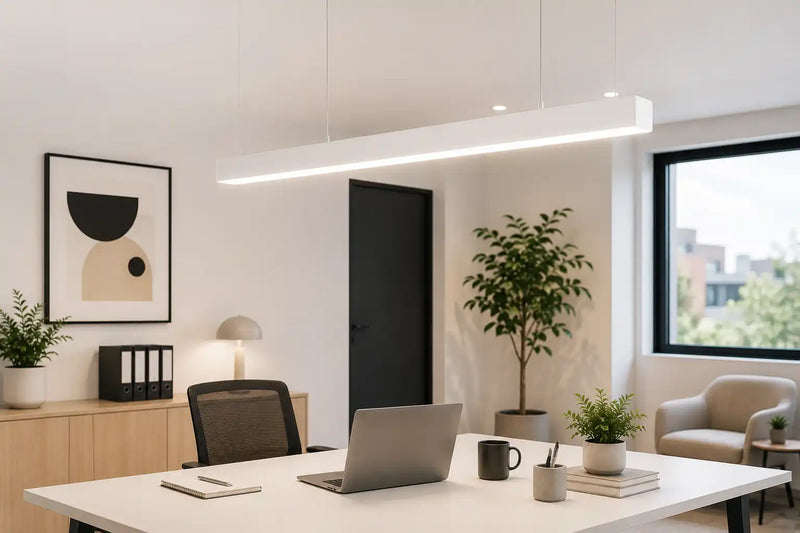 Bureau moderne minimaliste avec luminaire suspendu, ordinateur portable, plantes vertes et fauteuil beige