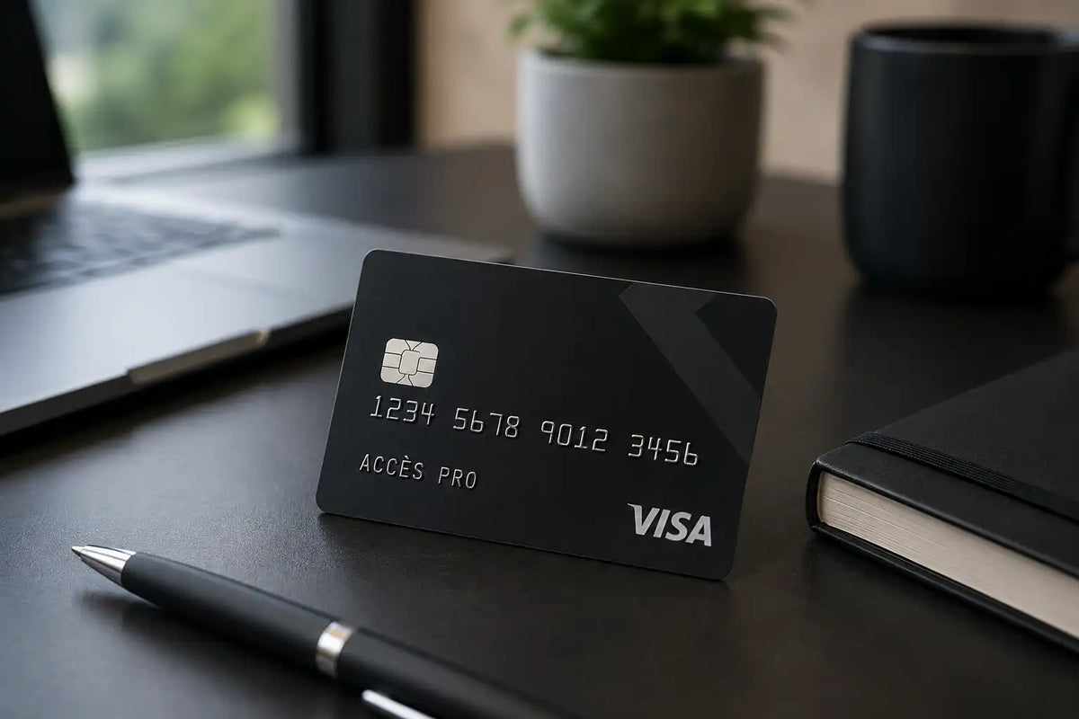 Carte bancaire Visa noire Accès Pro posée sur un bureau avec ordinateur portable, plante et carnet
