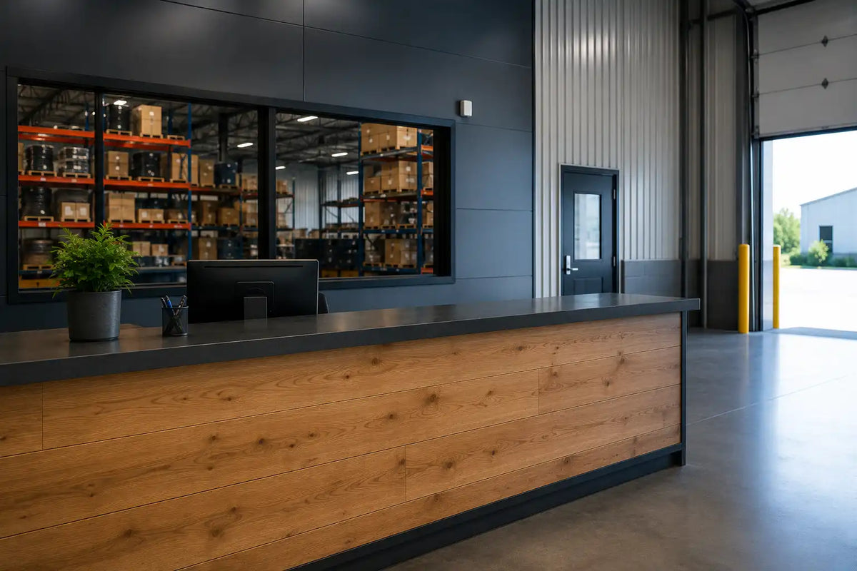 Comptoir d'accueil en bois dans un entrepôt industriel moderne avec vue sur les rayonnages de stockage