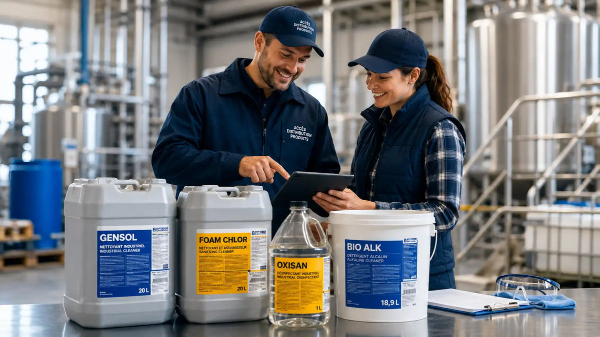 Deux techniciens en milieu industriel examinent des produits nettoyants sur tablette.