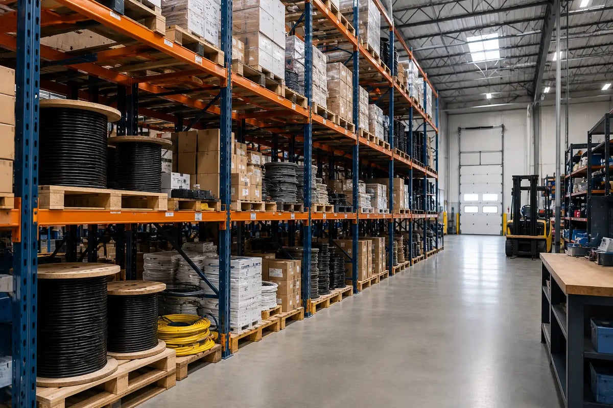 Entrepôt de stockage avec bobines de câbles électriques et cartons sur rayonnages industriels métalliques