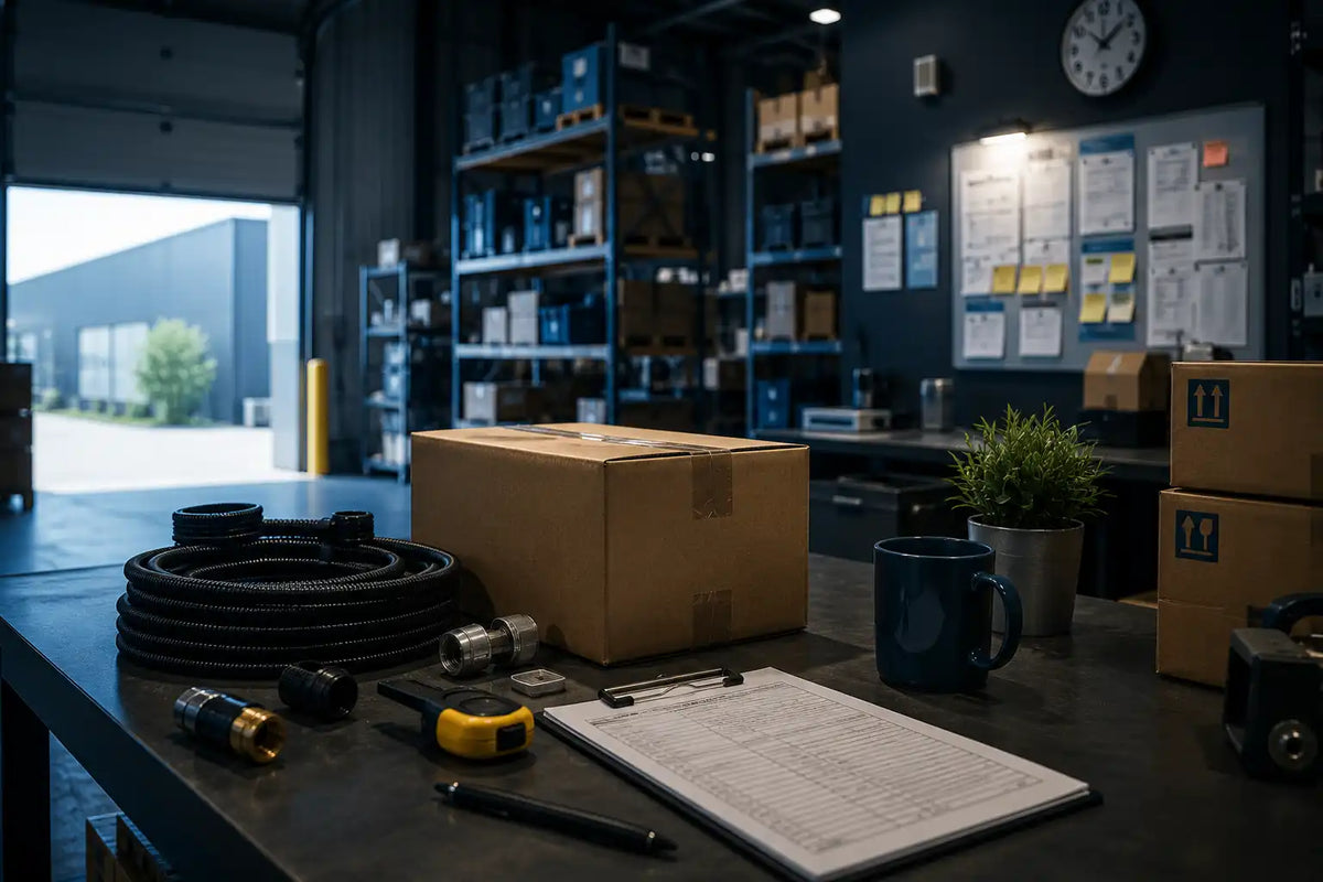 Comptoir d'entrepôt avec carton, tuyaux flexibles, raccords, presse-papiers et mug dans un espace de stockage industriel