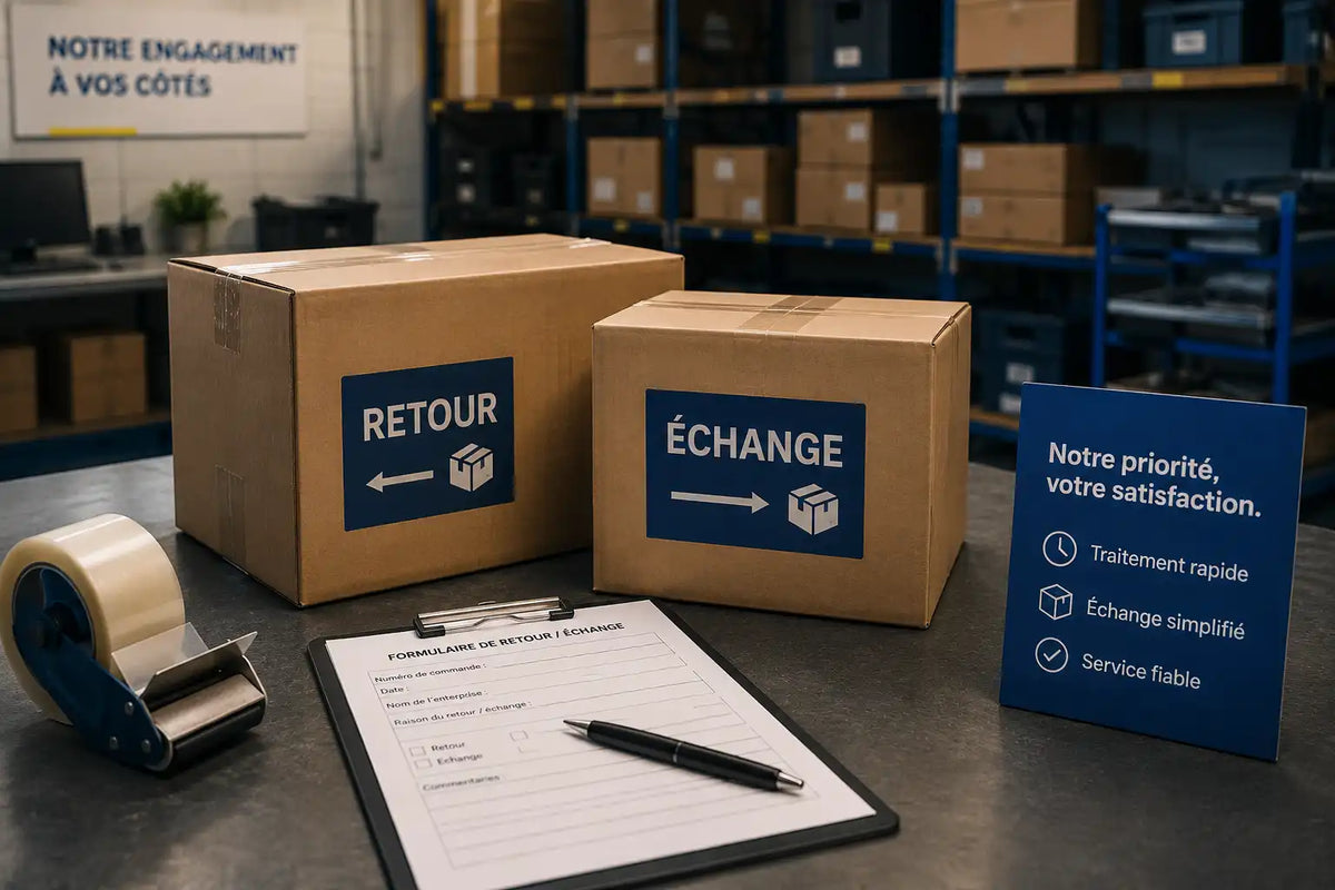 Colis retour et échange avec formulaire et panneau satisfaction client dans un entrepôt logistique