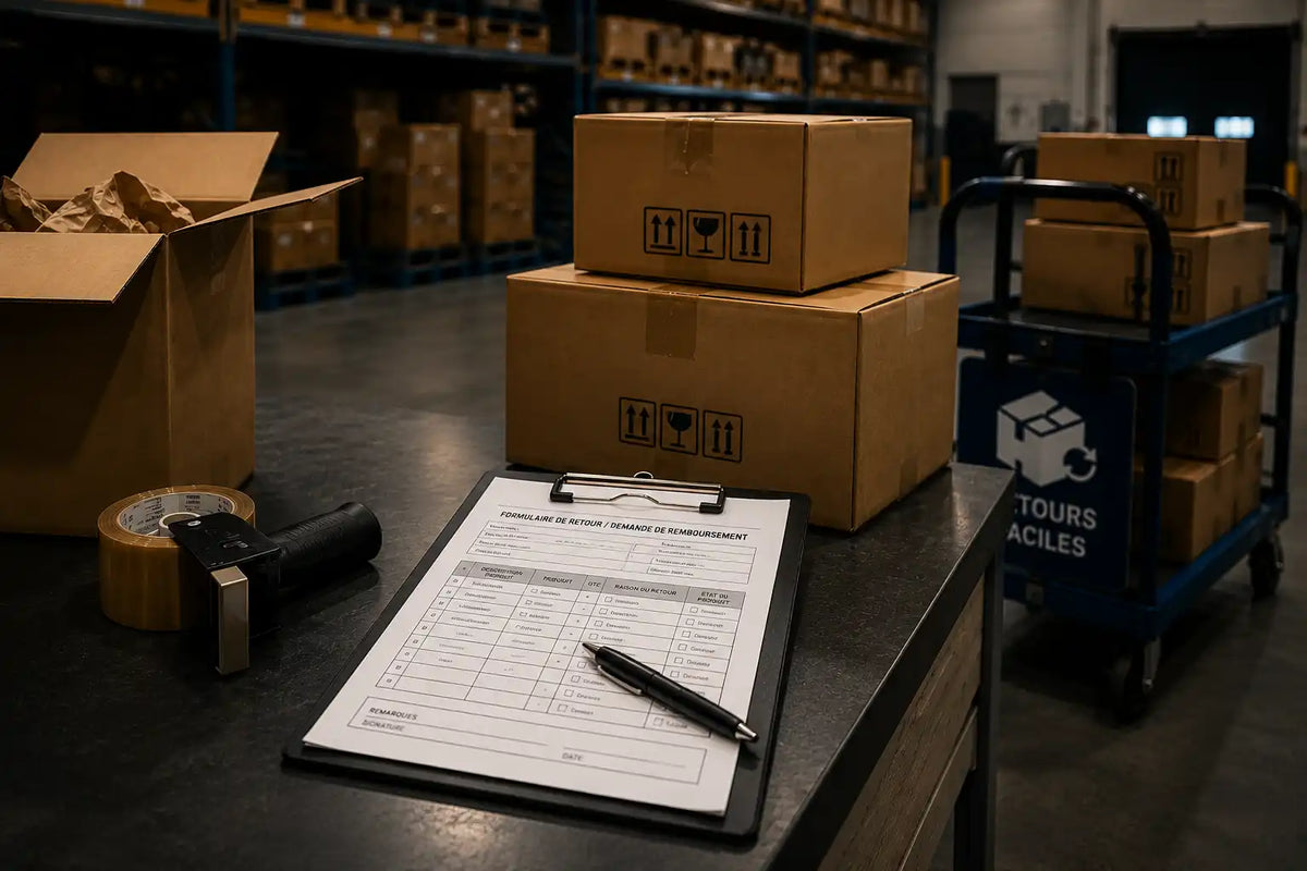 Formulaire de retour et demande de remboursement sur presse-papiers avec cartons dans entrepôt logistique