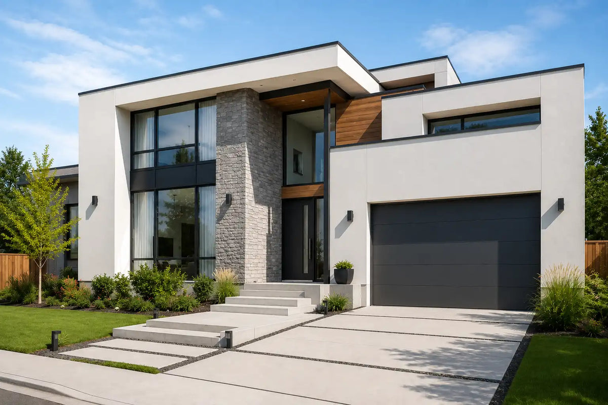 Façade de maison moderne avec revêtement de pierre, grandes baies vitrées, garage gris et jardin paysager