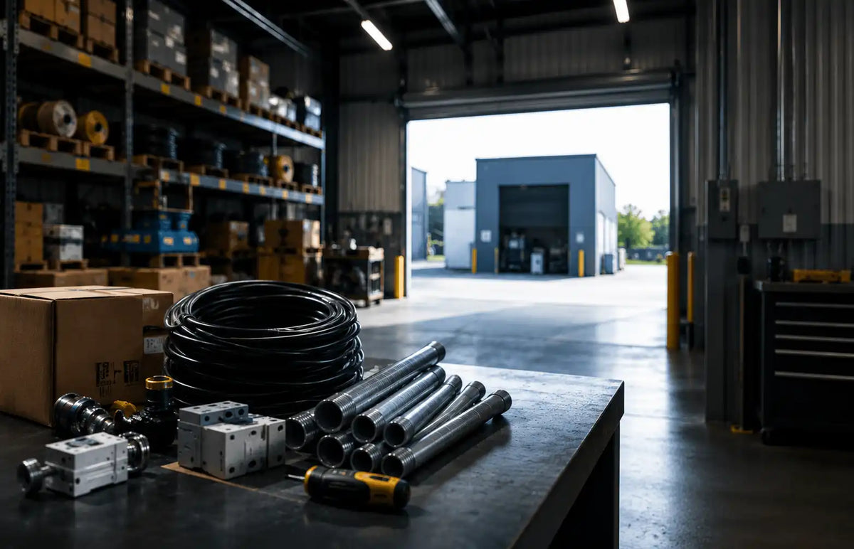 Câbles électriques, raccords et tuyaux métalliques sur établi dans entrepôt industriel
