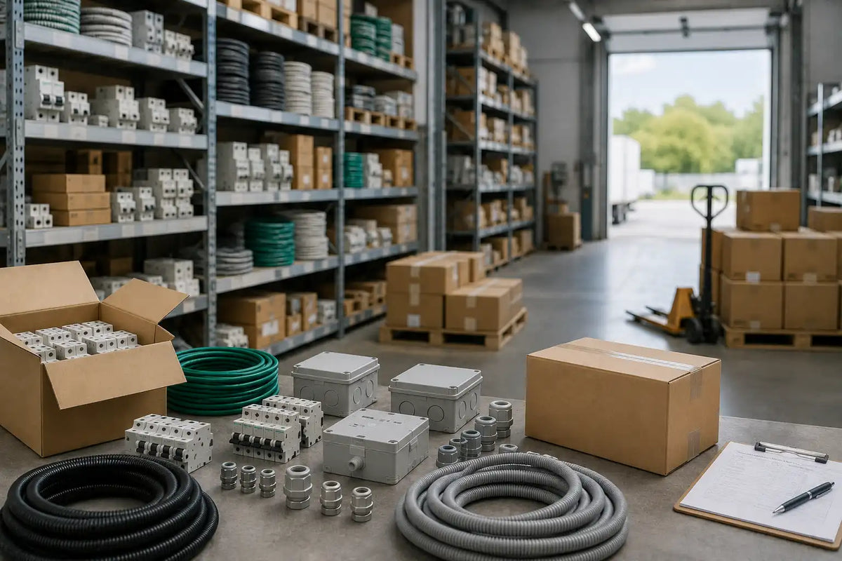 Matériel électrique dans un entrepôt : disjoncteurs, câbles, gaines et boîtiers de dérivation sur une table