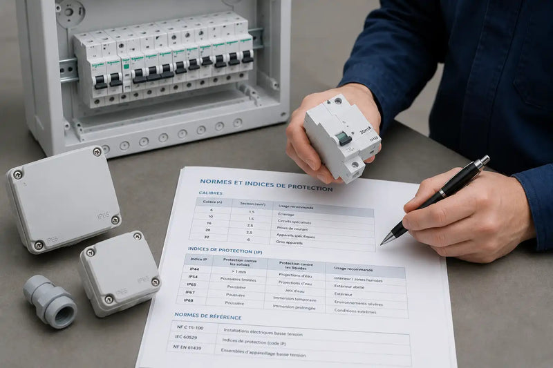 Électricien tenant un disjoncteur différentiel 30mA devant tableau électrique et fiche normes IP